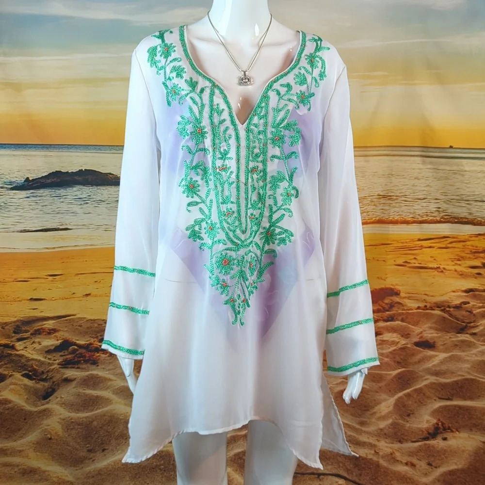 Club Z Collection sz S White Sheer Beach Cover Up With Embroidery and Beading